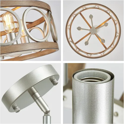 Miniatura 9 de XINGQI Candelabro de tambor de 21.7 pulgadas, lámpara de comedor de granja, iluminación de cocina de níquel cepillado de grano de madera, 5 luces