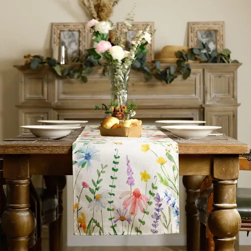 Miniatura 2 de GEEORY Camino de mesa de primavera de 13 x 72 pulgadas, acuarela floral de flores silvestres con mariposa, decoración de mesa rústica de granja