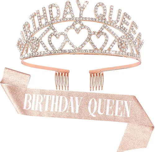 CIEHER Kit de banda y tiara de diamantes de imitación para cumpleaños, corona de oro rosa con peines para mujer, elegante tiara de princesa para