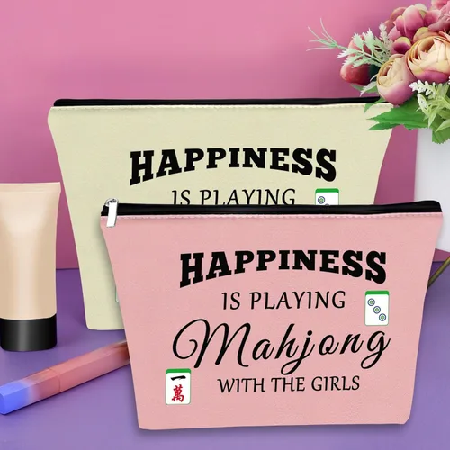 Miniatura 4 de Sazuwu Mahjong - Bolsa de maquillaje divertida para mujer, Azul, rosa y beige, Bingo