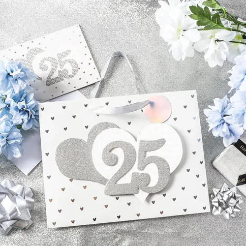 Miniatura 6 de LeZakaa Bolsa de aniversario de boda de 13 pulgadas con papel de seda, etiqueta y tarjeta de felicitación, bolsa de regalo con purpurina dorada