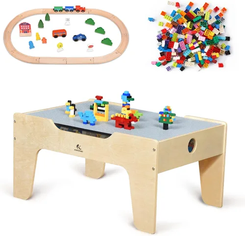 Mesa de Juego de Actividades Todo en Uno para Niños con 290 Ladrillos de Construcción y Set de Tren de Madera de 30 Piezas, Vías, Coches, Pista y