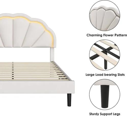 Miniatura 7 de HIFIT Marco de cama LED inteligente tapizado completo con cabecera ajustable de pétalos elegantes, marcos de cama de plataforma de tamaño completo