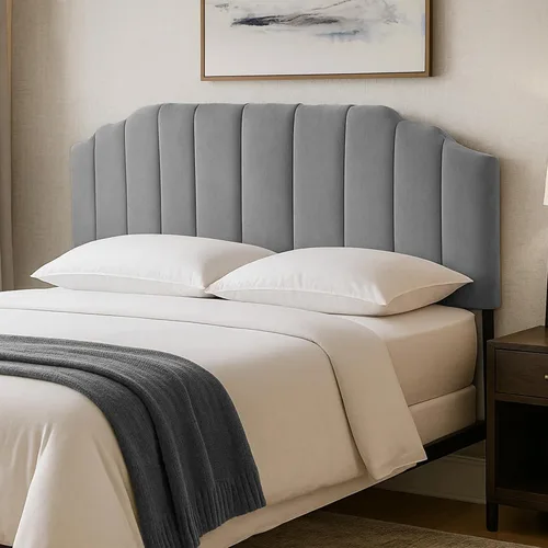 Miniatura 15 de Cabecera tapizada de altura ajustable, cabecera de terciopelo crema, diseño moderno de canal vertical con borde superior de silueta escalonada Beige