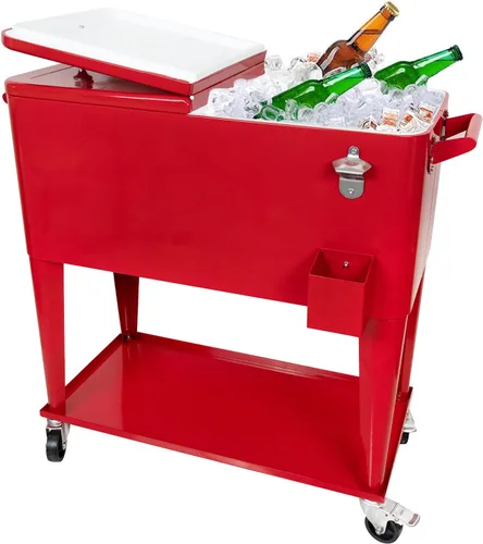 Miniatura 7 de Portable Rolling Cooler Cart 80 Quart Ice Chest Cart Trolley Rolling Cooler with Wheels, Outdoor Beverage Ice Chest for Patio with Shelf, Water Pipe