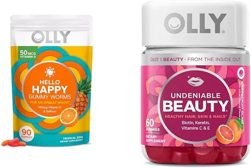 OLLY Hello Happy Gomitas de gusanos, apoyo al equilibrio del estado de ánimo, vitamina D, azafrán, gomitas de belleza innegable para cabello, piel,