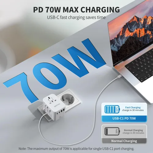 Miniatura 3 de EPICKA Adaptador de viaje universal, adaptador de enchufe internacional GaN con 3 USB-C de carga rápida PD de 70W y 2 USB-A, cargador de pared todo