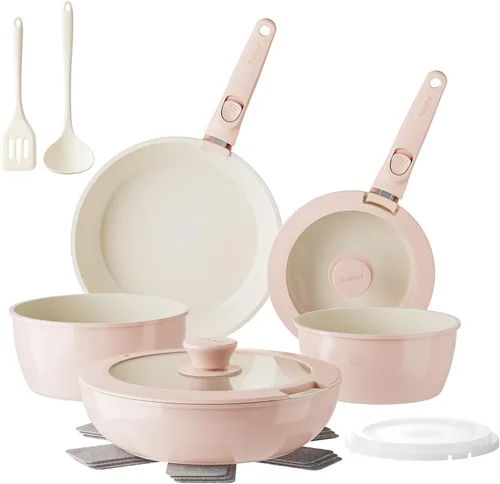 Redchef Juego de sartenes y ollas antiadherentes, juego de utensilios de cocina de cerámica con asas desmontables, 16 piezas, juego de cocina de