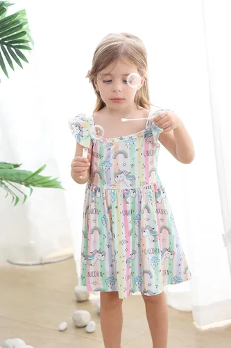 Miniatura 5 de Popshion Vestidos de niña con mangas con vuelo, vestido de verano para niños, fiesta de cumpleaños, sin mangas, vestido de 1 a 8 años