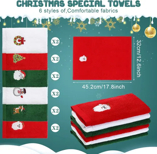 Miniatura 2 de Macarrie 12 toallas de mano navideñas para baño, cocina, paños de cocina de algodón, absorbentes, rojo, verde, blanco, regalos de Navidad