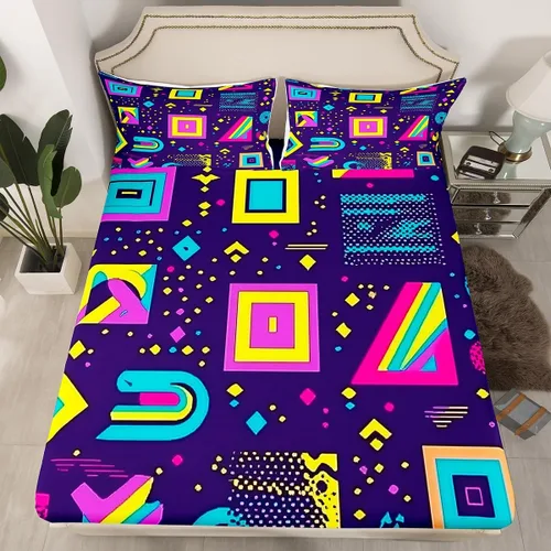Juego de sábanas bajeras de estilo retro de los años 80, diseño geométrico abstracto, diseño urbano moderno con círculos y triángulos, colorido arte