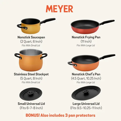 Miniatura 5 de Meyer Juego apilable de 6 piezas con tapas universales, ollas y sartenes anodizadas duras de acero inoxidable y antiadherentes, compatibles
