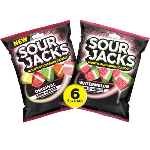 Sour Jacks Paquete variado de golosinas de gomitas de caramelo, original y sandía, sin gluten, bolsas individuales de una sola porción, 5 onzas