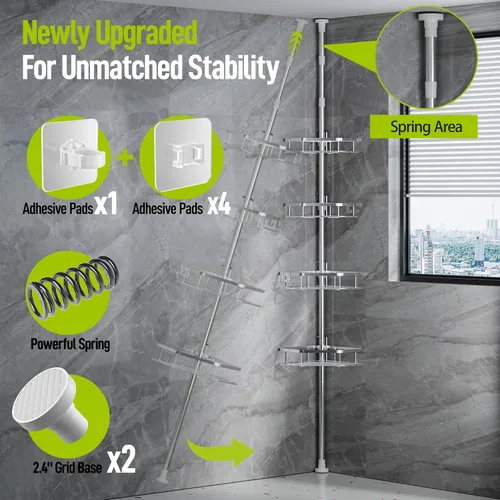 Miniatura 3 de LAMU Bastón de tensión de esquina para ducha, organizador de ducha de acero inoxidable, resorte fuerte, 5 almohadillas adhesivas, base de rejilla