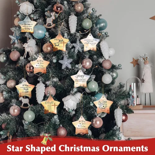 Miniatura 5 de Barydat 18 adornos de Navidad cristianos, versículo de la Biblia, adornos de cerámica para árbol de Navidad, en forma de estrella, escritura