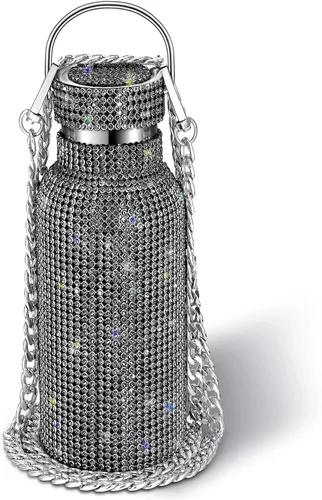 Miniatura 10 de Geiserailie Botella de agua con diamantes de imitación de acero inoxidable, térmica, recargable, aislada, con cadena, para mujeres y niñas