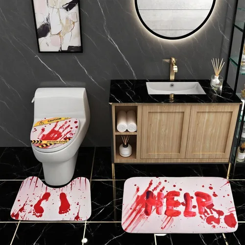 Miniatura 3 de Juego de 4 cortinas de ducha de Halloween, juego de baño impermeable de Halloween con alfombras antideslizantes, cubierta para tapa de inodoro