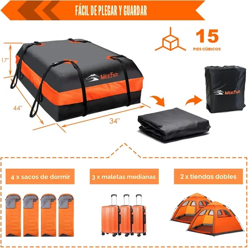 Miniatura 6 de Bolsa de techo para coche XBEEK de MeeFar, impermeable, portaequipajes para azotea, 15 pies cúbicos para todos los coches con/sin estante, incluye