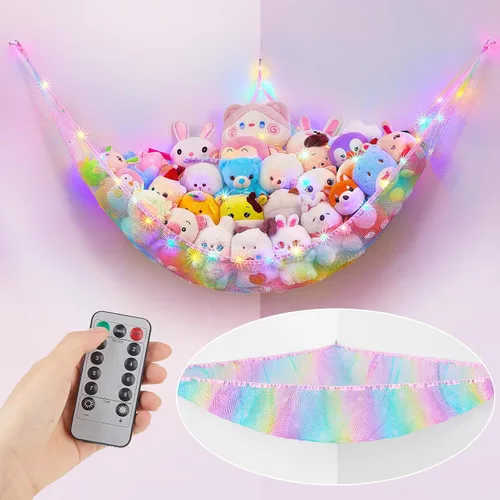 Miniatura 9 de Unicorn Castle Hamaca de red para animales de peluche, almacenamiento de juguetes para niños con luz LED, organizador de juguetes de felpa