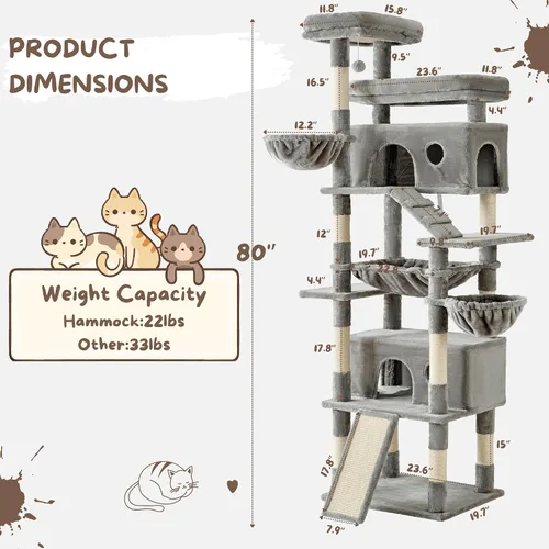 Miniatura 6 de Árbol para gatos, torre grande de gatos de 80 pulgadas con 9 postes para rascar, 2 perchas, 2 cuevas, 2 cestas, 2 escaleras, hamaca extra grande