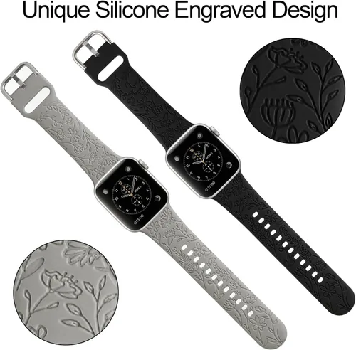 Miniatura 5 de Paquete de 2 correas deportivas grabadas con flores compatibles con correas de Apple Watch de 1.496 pulgadas, 1.575 pulgadas, 1.614 pulgadas
