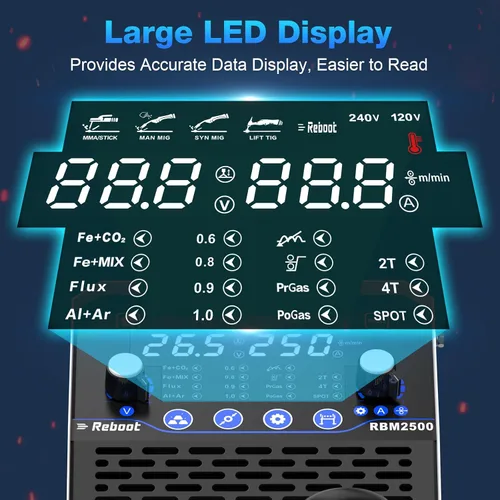 Miniatura 4 de Soldador MIG Reboot 250Amp 120V/240V RBM2500 PRO, máquina de soldar multiproceso 8 en 1 con modos de soldadura de aluminio dual, compatible con MIG