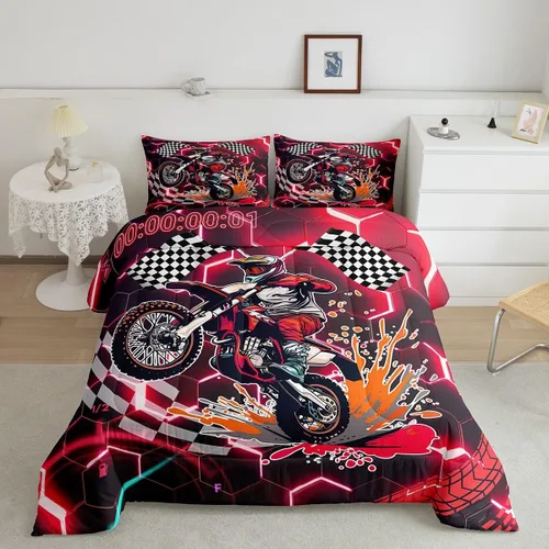 Miniatura 30 de Erosebridal Juego de edredón individual de motocicleta de carreras para niños, juego de ropa de cama de panal con luces de neón azules, motocross