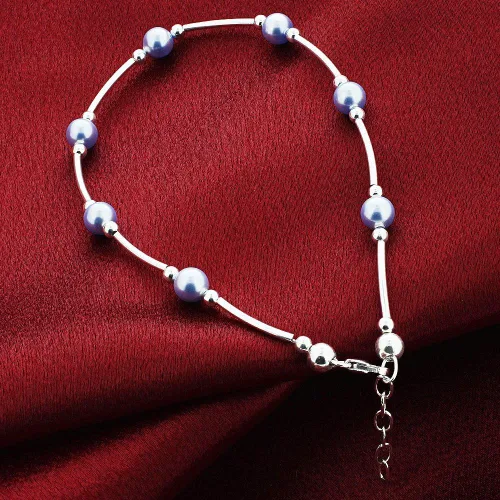 Miniatura 2 de Gem Avenue Tobillera ajustable de plata de ley con perlas de imitación azules redondas de 9 a 10 pulgadas para mujer, No aplicable