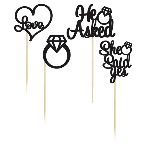 Miniatura 3 de Gyufise Paquete de 24 adornos para cupcakes con purpurina negra con la frase "He Asked She Said Yes" para cupcakes, anillos de corazón con purpurina