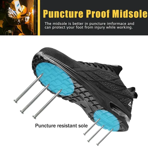 Miniatura 3 de HiHatide - Zapatos con punta de acero para hombre, zapatos de trabajo, zapatos de seguridad, con amortiguación de aire, ligeros, antideslizantes