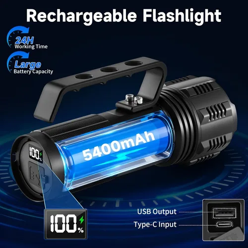 Miniatura 3 de Linternas recargables de alto lúmenes con asa, linterna súper brillante recargable, linternas de alta potencia con pantalla digital, linterna LED