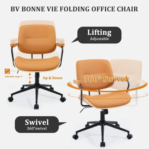 Miniatura 5 de BV Mid Century Modern - Juego de 1 silla de oficina giratoria con reposabrazos y respaldo de nogal, silla de escritorio ajustable para oficina