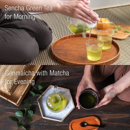Miniatura 2 de Asayu Japan Té verde, set de regalo Green Boost, sencha japonés y genmaicha con polvo matcha, fabricado en Japón, 30 bolsas de té, té de arroz