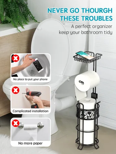 Miniatura 3 de Soporte de papel higiénico con estante, dispensador de rollos de papel higiénico de pie, con capacidad para 3 grandes rollos de papel jumbo mega