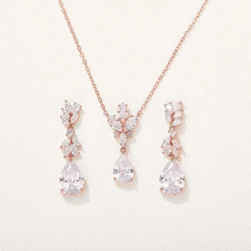 Miniatura 5 de SWEETV Wedding Jewelry Sets for Brides Bridesmaid,Cubic Zirconia Teardrop Bridal Necklace Earrings Set Wedding Prom Jewelry for Women