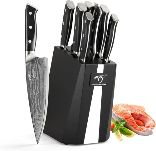 NANFANG BROTHERS Juego de cuchillos de cocina de Damasco de 9 piezas con bloque, mango ergonómico ABS para juego de cuchillos de chef, afilador de