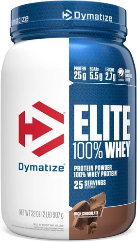 Dymatize Elite Proteína de suero 100% en polvo, Chocolate, 25g de proteína, 5.5g de BCAA, Menos de 140 calorías, Sin gluten, 3g de carbohidratos, 2g