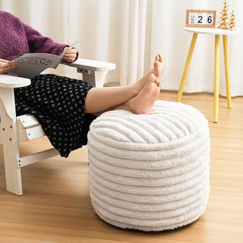 Miniatura 7 de Puf otomano de relleno redondo para reposapiés, pufs de piel sintética con relleno de trozos de espuma, cojín otomano de almacenamiento, silla