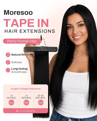 Miniatura 2 de Moresoo Extensiones de cabello humano con cinta adhesiva #1, color negro azabache, extensiones de cabello humano con cinta invisible, extensiones