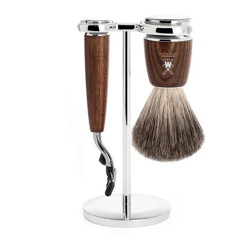 MÜHLE RYTMO Modern Pure Badger Juego de afeitado de 3 hojas de afeitar de lujo Fresno al vapor