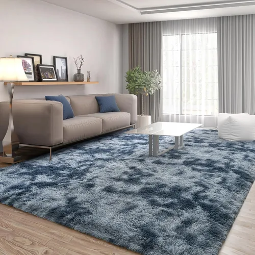 Miniatura 2 de FlyDOIT Alfombras de área grandes para sala de estar, 4 x 6 pies, alfombra peluda tie-dye azul y gris, alfombras mullidas de felpa ultra suave, Gris