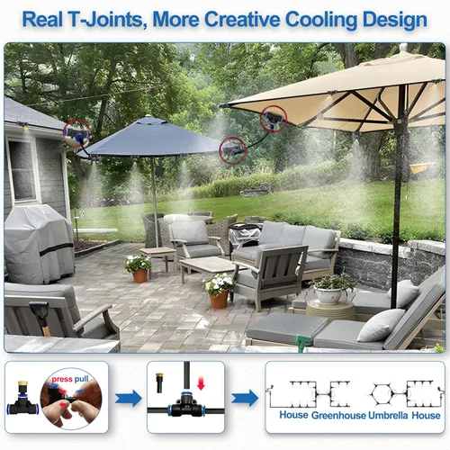 Miniatura 3 de Sistema de nebulización para patio de 80 pies (78.7 ft), manguera de rociador de agua para exteriores, jardín, invernadero, cubierta, paraguas, Negro