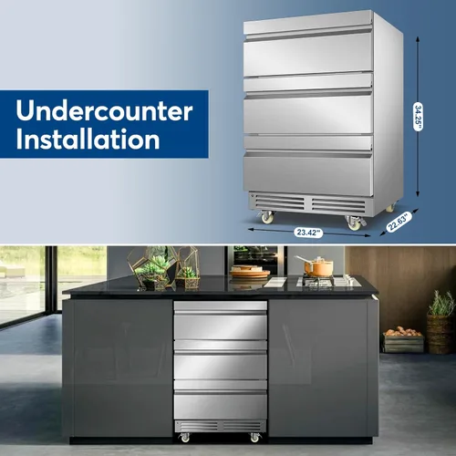 Miniatura 9 de FoMup - Refrigerador bajo encimera de acero inoxidable con 3 cajones, refrigerador de bebidas para exterior con ruedas, diseño impermeable y control