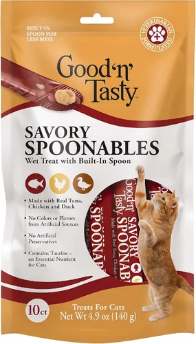 Miniatura 14 de Good 'n' Tasty Cucharas sabrosas con pato real, carne de res y conejo, tubo de 6 unidades, golosinas húmedas exprimibles de triple sabor para gatos