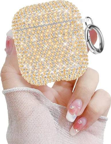 Miniatura 17 de Newseego Funda para AirPods de 1 y 2 generación, funda de lujo con diamantes de imitación brillantes con llavero para mujeres y niñas, anti-pérdida