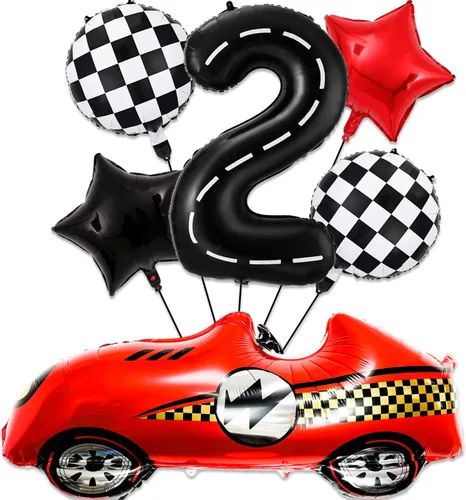 Miniatura 10 de Decoraciones de cumpleaños de carreras de 1 año, globos rojos grandes de coche de carreras de 40 pulgadas, globo negro número 1, globo a cuadros