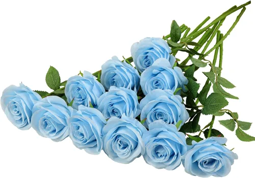 Miniatura 25 de 12 piezas Rosas Flores Artificiales Rosas Falsas Azul Bebé Rosas de Seda Flores de Seda Blancas Rosas con Tallos Largos para Bodas Hogar Fiestas