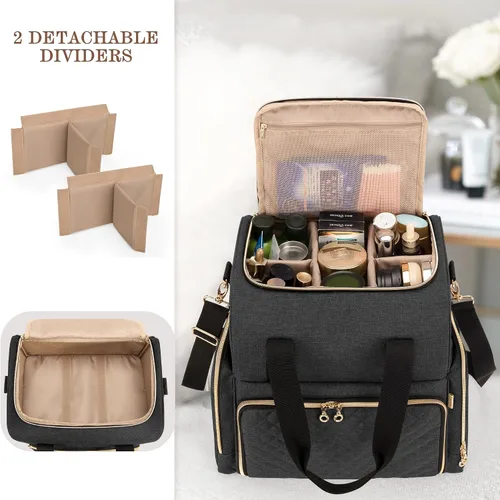 Miniatura 2 de LUXJA Bolsa de maquillaje de viaje grande con 3 estuches extraíbles, bolsa de cosméticos con divisores desmontables (patente pendiente), color negro