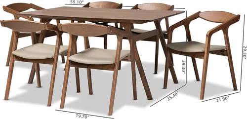 Miniatura 9 de Baxton Studio Harland - Juego de comedor de 7 piezas, tapizado de piel sintética gris y acabado marrón nogal, juego de comedor de 7 piezas
