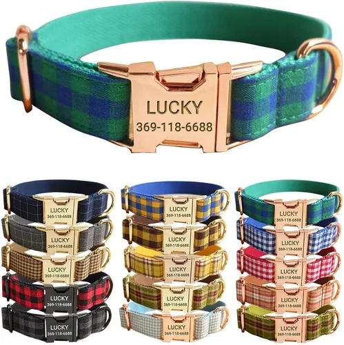 Miniatura 16 de PETDURO Collar de Perro a Cuadros Personalizado Verde Manzana - Nombre y Número de Teléfono Grabados en Hebilla de Metal Oro Rosa - Personalizado